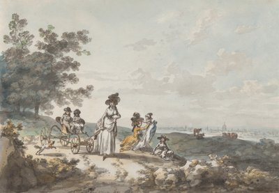 セント・ポールを遠景にしたロンドンの眺め。女性と子供、乳母車付き 1787年 作： Julius Caesar Ibbetson