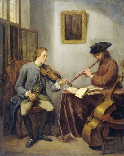 ミュージシャン、バイオリニストとフルート奏者が一緒に音楽を作る、1755 作： Julius Henricus Quinkhard