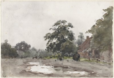 前景に水がある背の高い木の下の農場 作： Julius Jacobus van de Sande Bakhuyzen