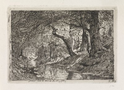 海岸に小川と木々がある森の風景 作： Julius Jacobus van de Sande Bakhuyzen