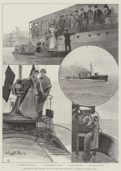6月9日（土）グレーブセンドでの新しい魚雷艇駆逐艦、ホーネットの試乗 作： Julius Mandes Price