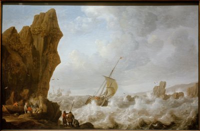 岩だらけの海岸の嵐の海で漁船 作： Julius Porcellis