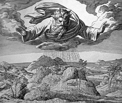 草を生やすために大地に水を撒く神 作： Julius Schnorr von Carolsfeld