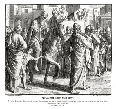 モルデカイは王から名誉を与えられ、エステルは 作： Julius Schnorr von Carolsfeld