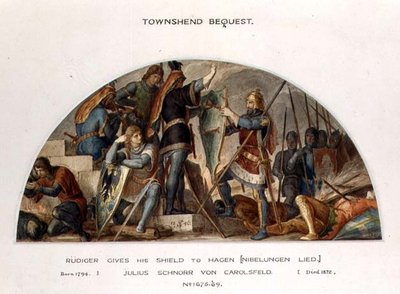 リヒャルト・ワーグナー（1813-83）の「ニーベルング」の挿絵で、ルディガーがハーゲンに盾を渡す 作： Julius Schnorr von Carolsfeld