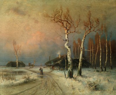 樹木が茂った冬の風景の村 (オイル) 作： Julius Sergius Klever
