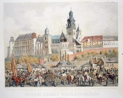 1899年に出版された「Klejnoty Miasta Krakowa」より、クラクフのクロレフスキ城の眺め（カラーリトグラフ）。 作： Juliusza and Tondosa Stanislawa Kossaka
