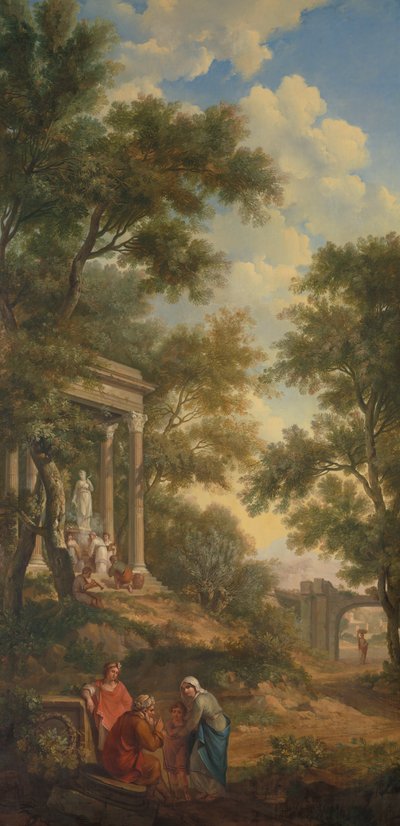 左手に寺院、手前に老人が座っているアルカディアンの風景画 作： Jurriaan Andriessen