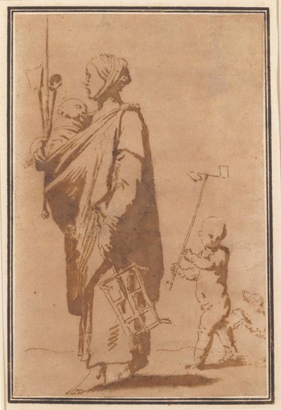子供と台所用品を運ぶ母親、続いて少年と犬 作： Jusepe de Ribera