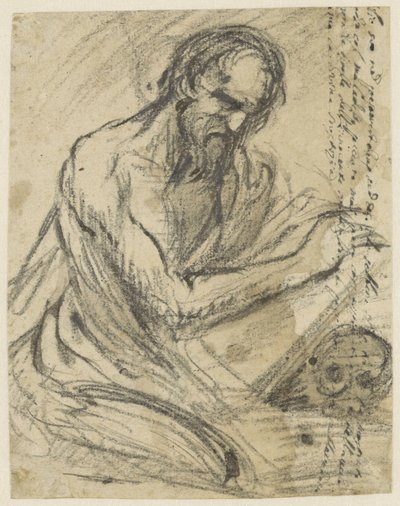 H. ヒエロニムス、頭蓋骨の上にかざして本に書いている 作： Jusepe de Ribera