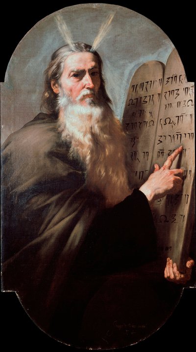 モイーズ 預言者は法の表を持つ代表者です。ユセペ・デ・リベラ（Jusepe de Ribera detto lo Spagnoletto）（1591-1652）による絵画 1638年 薄暗い。168x97 cm ナポリ、サンマルティーノ美術館 作： Jusepe de Ribera