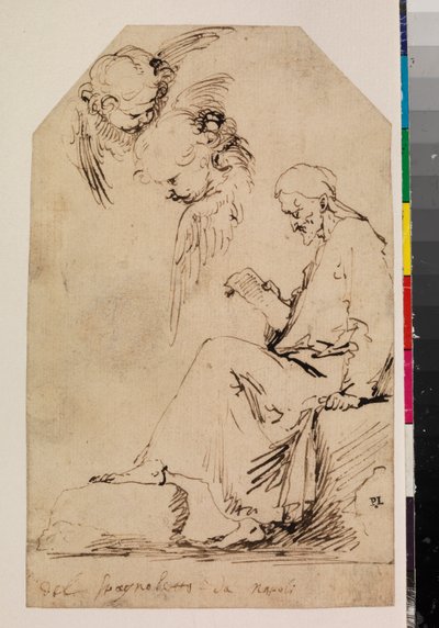 1620年代に座った男が読書と2つのケルビムを書いた研究シート 作： Jusepe de Ribera