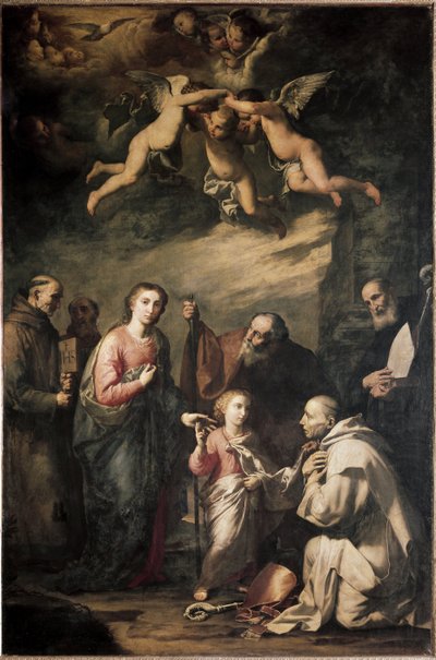 ケルンの聖ブルーノと他の聖人たちのいる聖家族 - The Holy Family with Saint Bruno of Cologne and other saints.リベラのホセ（ジュセペ）、ディット・ロ・スパグノレット（1591-1652）の絵 作： Jusepe de Ribera