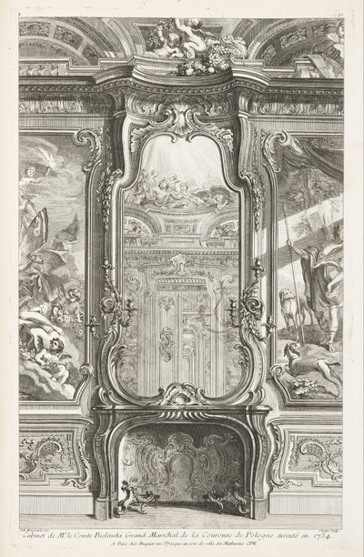 1734年に執行されたポーランド王冠のBielenski大元帥伯爵の内閣。ガラス付きチミネ、両側にサポートパネルと絵画の一部、第1プレート 作： Juste Aurèle Meissonnier
