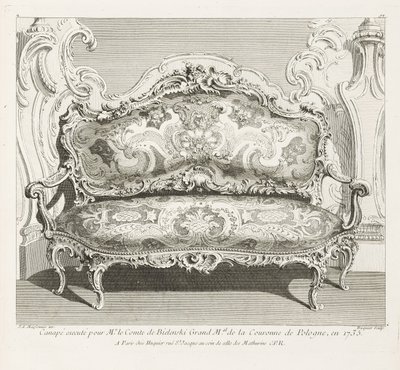 1735年にポーランド王冠のカウント・ド・ビエリンスキー・グランド・マル氏のために実行されたソファ。 1735年にビーリンスキー伯爵のために作られたソファ、第4プレート 作： Juste Aurèle Meissonnier