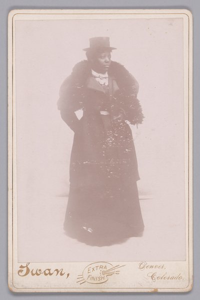 トップハットと毛皮のストールを身につけた身元不明の女性のキャビネットカード（1895年頃）。 作： Justus C. Swan