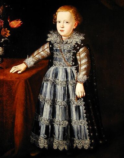 テーブルのそばに立つ子供の肖像」（油彩・パネル） 作： Justus Sustermans