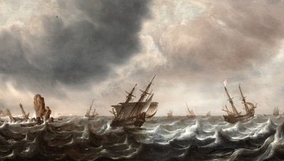 前景にクジラがいる波乱の海での船積み 作： Justus de Verwer