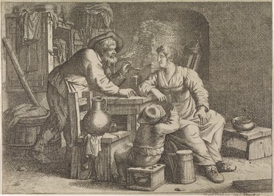 タバコを吸う農夫、女性、男の子がいるインテリア 作： Justus van den Nijpoort