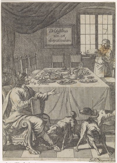 置かれたテーブルに座るゾイラス De Gustibus non est disputandum (オブジェクトのタイトル) 作： Justus van den Nijpoort