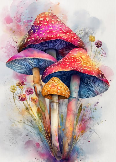 色とりどりの水彩画のキノコ 作： 