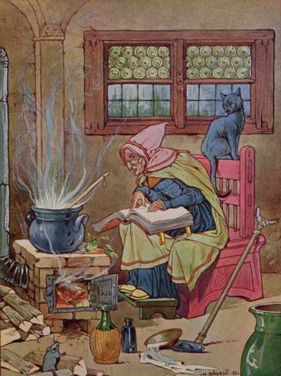 魔女、物語の本のイラスト、1910〜20年頃（カラー彫刻） 作： K. Savely Dezso