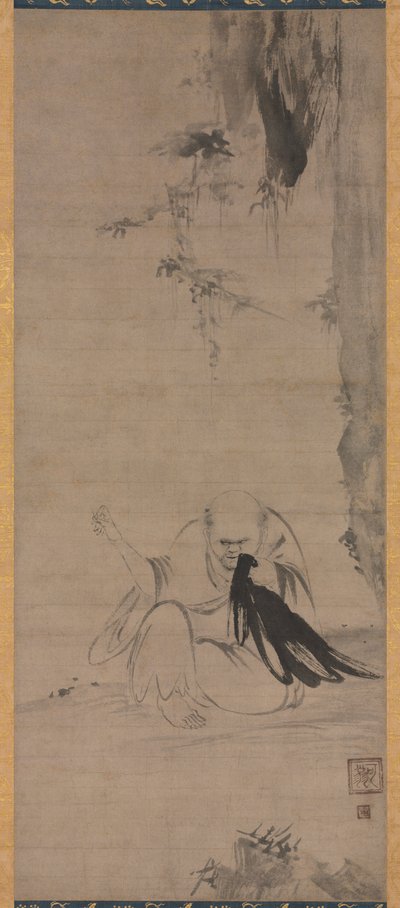 朝日で衣を繕う僧侶 朝陽法徹、c. 1350 以前。 作： Kaō