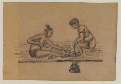 イヌイットの伝説のイラスト (裸の 2 人が火を起こしている) 作： Kaarale Andreassen