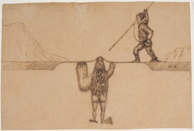 東グリーンランドの伝説からのモチーフ (囚人が海の生き物、半分アザラシ、半分アザラシ、半分人間であり、クマのミットと鳥の爪を持つトゥピラクに対してモリを上げます) 作： Kaarale Andreassen