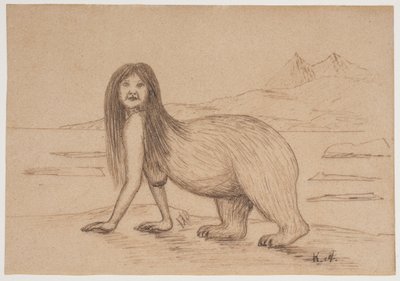 ホッキョクグマの体の後ろの部分を持つ女性 (イヌイットの伝説のイラスト) 作： Kaarale Andreassen