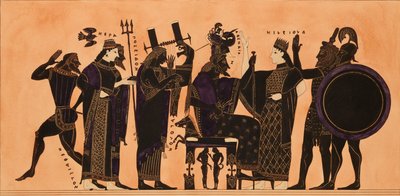 ヘファイストス、ヘラ、ポセイドン...を示すギリシャのアンフォラの装飾の版画、c1844。 作： Kaeppelin et Compagnie