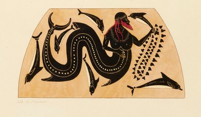 イルカを伴うポセイドンを示すギリシャのアンフォラの装飾の版画、c1858。 作： Kaeppelin et Compagnie