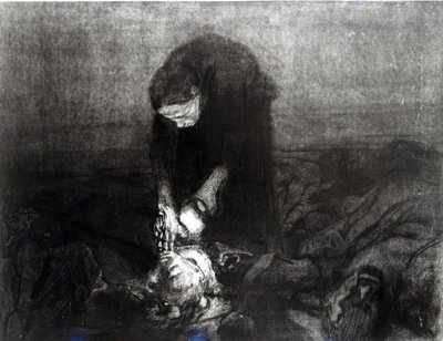 戦いの後、シリーズ「農民の反乱」、1907年から（エッチング、彫刻、アクアチント） 作： Käthe Kollwitz