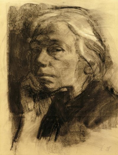 左に4分の3の縦長の自画像 作： Käthe Kollwitz