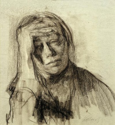 右腕をサポートした自画像、額に手 作： Käthe Kollwitz