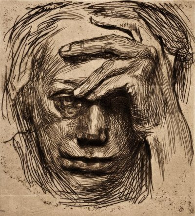 額に手を置いた自画像 作： Käthe Kollwitz
