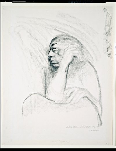 死の手による自画像、1924年（木炭） 作： Käthe Kollwitz