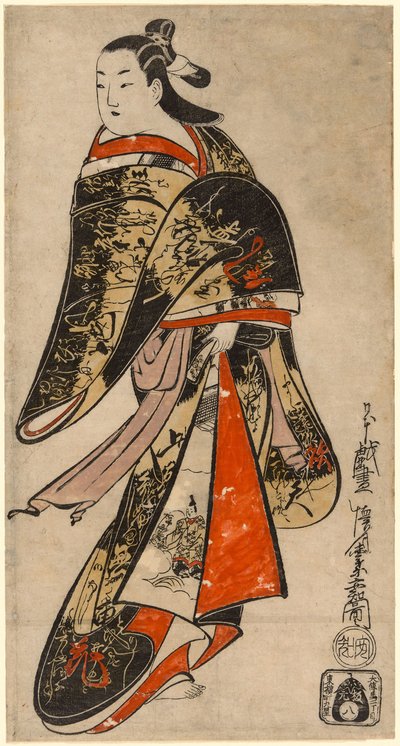 歩く花魁 1714年頃（手彩色木版画；箪笥絵・縦大判） 作： Kaigetsudo Anchi