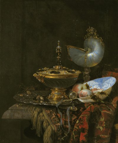 Pronk Still Life with Holbein Bowl, Nautilus Cup, Glass Goblet and Fruit Dish 作： Kalf