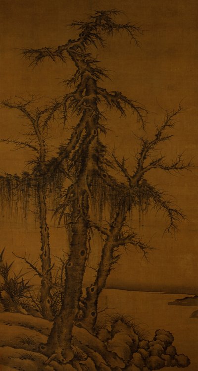 Árvores antigas, bambu e rochas, c.1300 (tinta sobre seda) 作： Kan Li