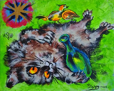 遊び好きな猫と鳥 作： Kanat Ibragimov