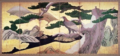 松のタカ、6パネルの屏風（ペンとインク、色、パネル上の金）（216561を参照） 作： Kano Eitoku