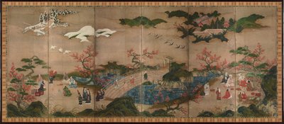メープルビューア。 6つのセクションの屏風、16世紀 作： Kano Hideyori