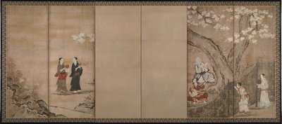 アロニアの花の下で楽しいひとときを。 六屏風一対右 18世紀 作： Kano Isenin Naganobu