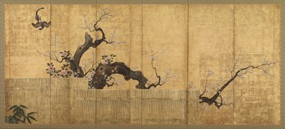 梅と椿の庭の風景、江戸時代、16世紀後半から17世紀初頭。 作： Kano Koi