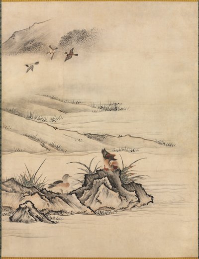 春の風景の中の花と鳥、1500年代。 作： Kano Motonobu