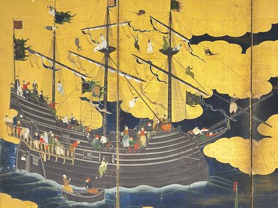 南部の野蛮人の詳細、17世紀初頭の2つの6パネルスクリーン 作： Kano Naizen