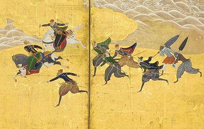 南部の野蛮人の詳細、17世紀初頭の2つの6パネルスクリーン 作： Kano Naizen