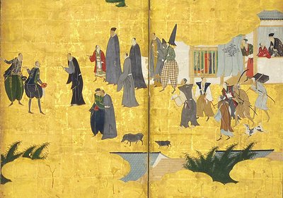 南部の野蛮人の詳細、17世紀初頭の2つの6パネルスクリーン 作： Kano Naizen