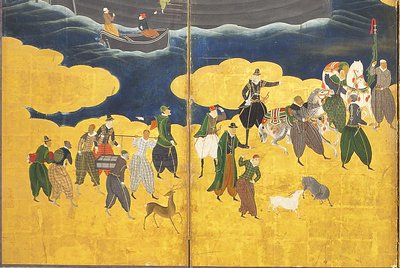 南部の野蛮人の詳細、17世紀初頭の2つの6パネルスクリーン 作： Kano Naizen